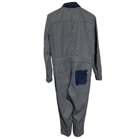 Brixton M Navy & White Striped Denim Long Sleeve Jumpsuit With Zip Closure & Poc - Picture 3 of 10